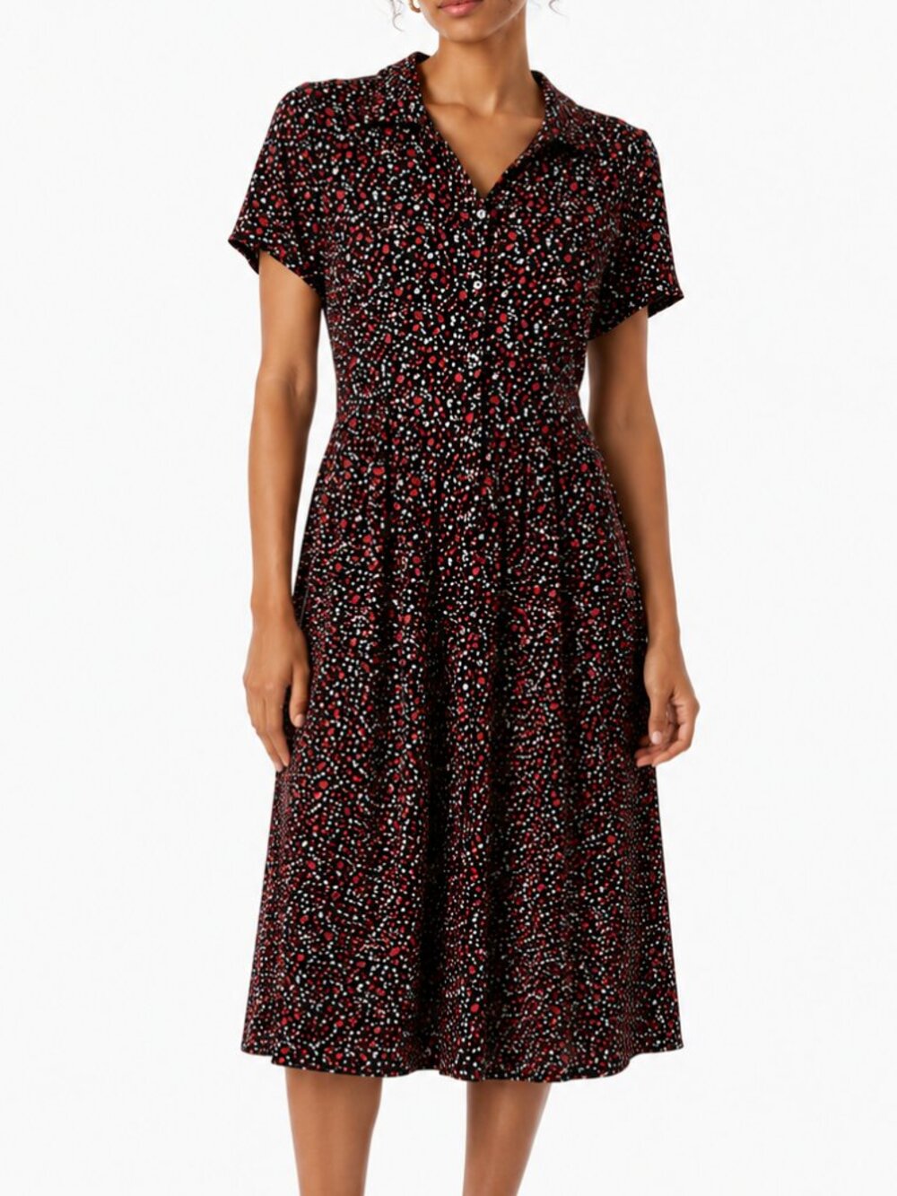 J. Jill Black Red Floral Button Front Fit & Flare Midi Dress Short Sleeve 1X